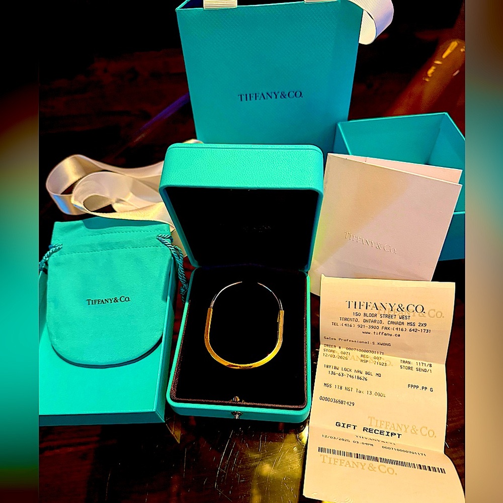 Update - SOLD - Tiffany Lock Narrow Bangle in Yellow & White Gold - Size Medium